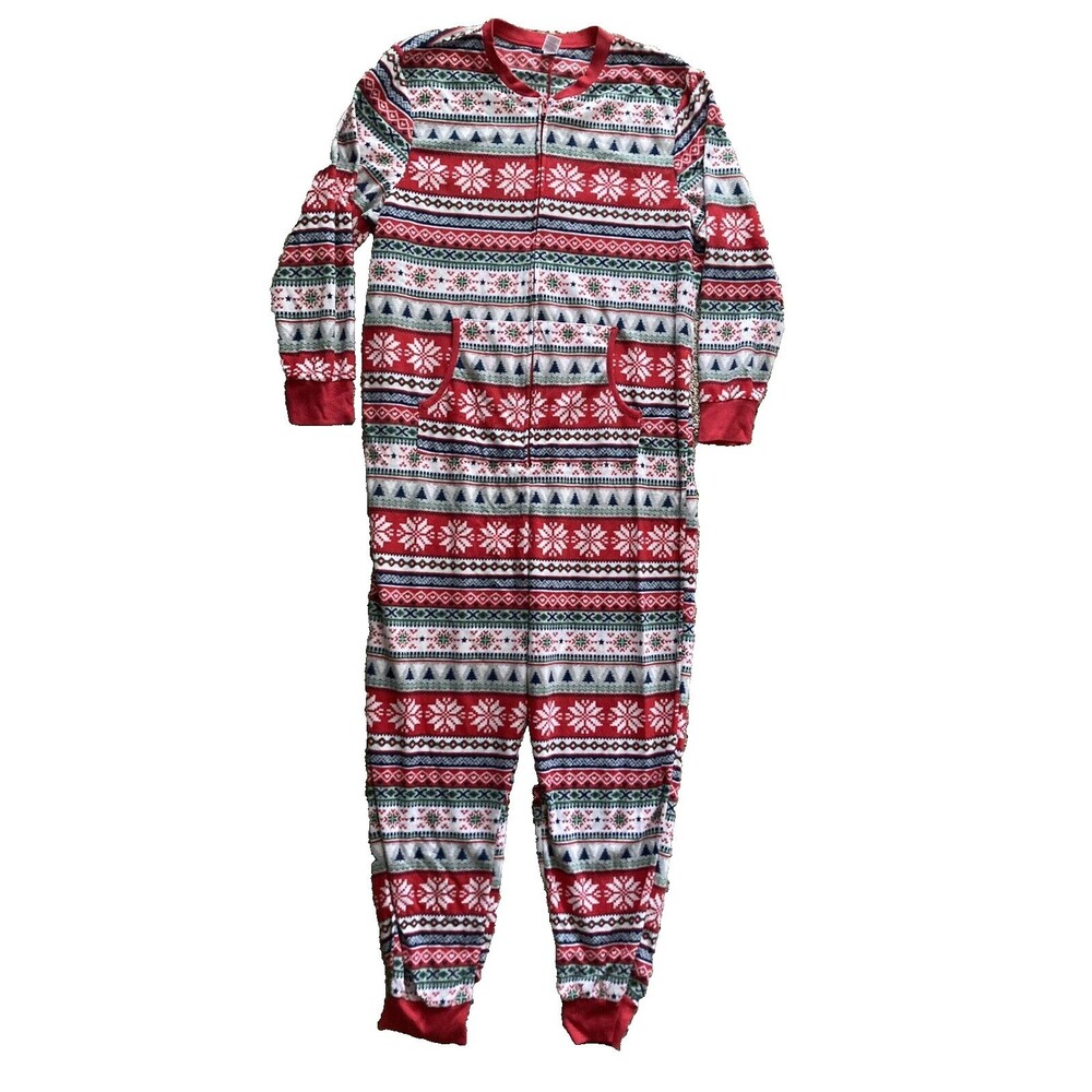 Fleece Men's One Piece W/Pockets Multicolor Christmas Pajamas  Size XL - EUC